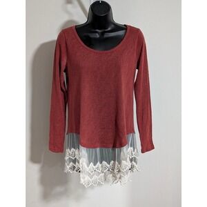 Wrangler Rust Orange Long Sleeve Textured Western Boho Top Lace Hem Medium